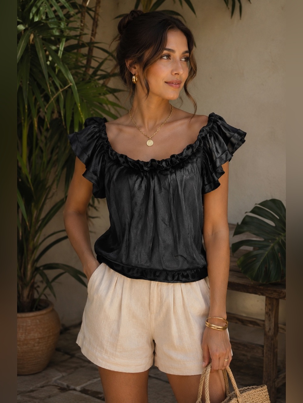 Elegant Black Off Shoulder Satin Blouse Mark Edwards Size S